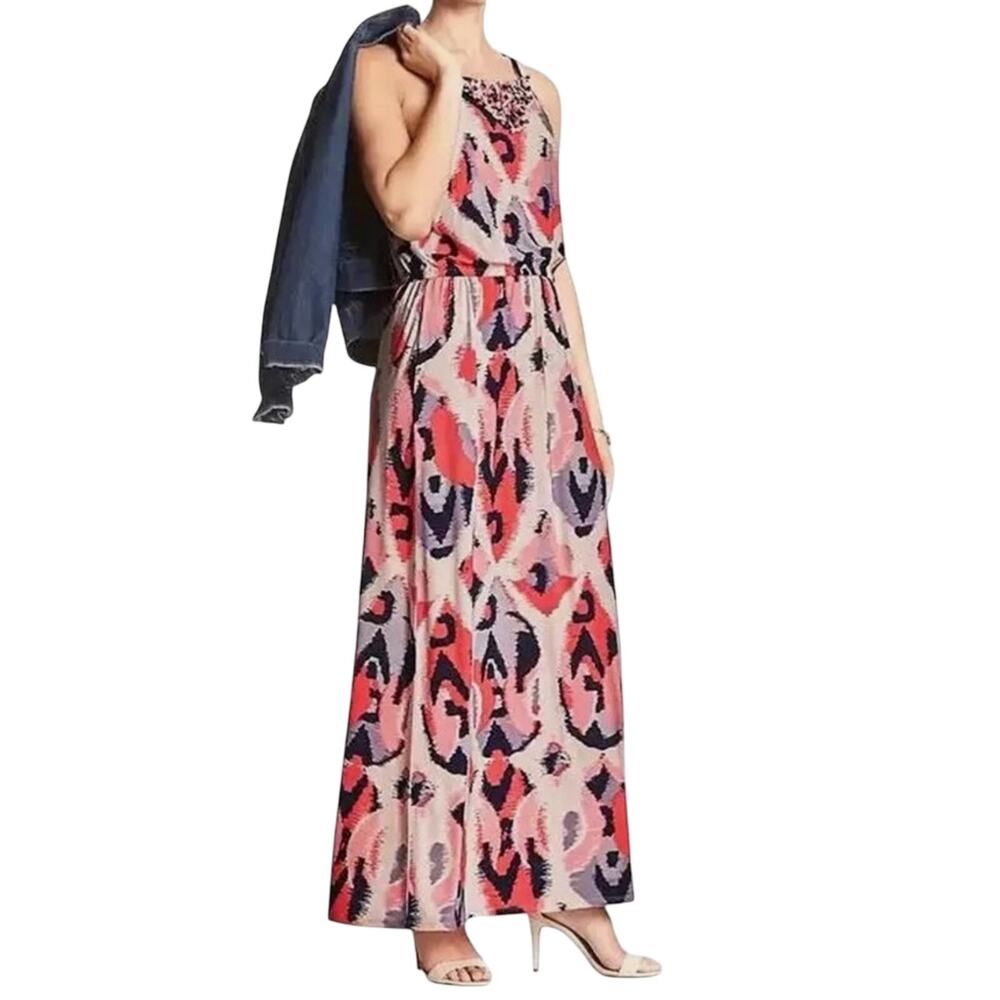 Macrame Halter Maxi Dress Size M Lotus Ikat Boho Beachy Coastal Banana Republic
